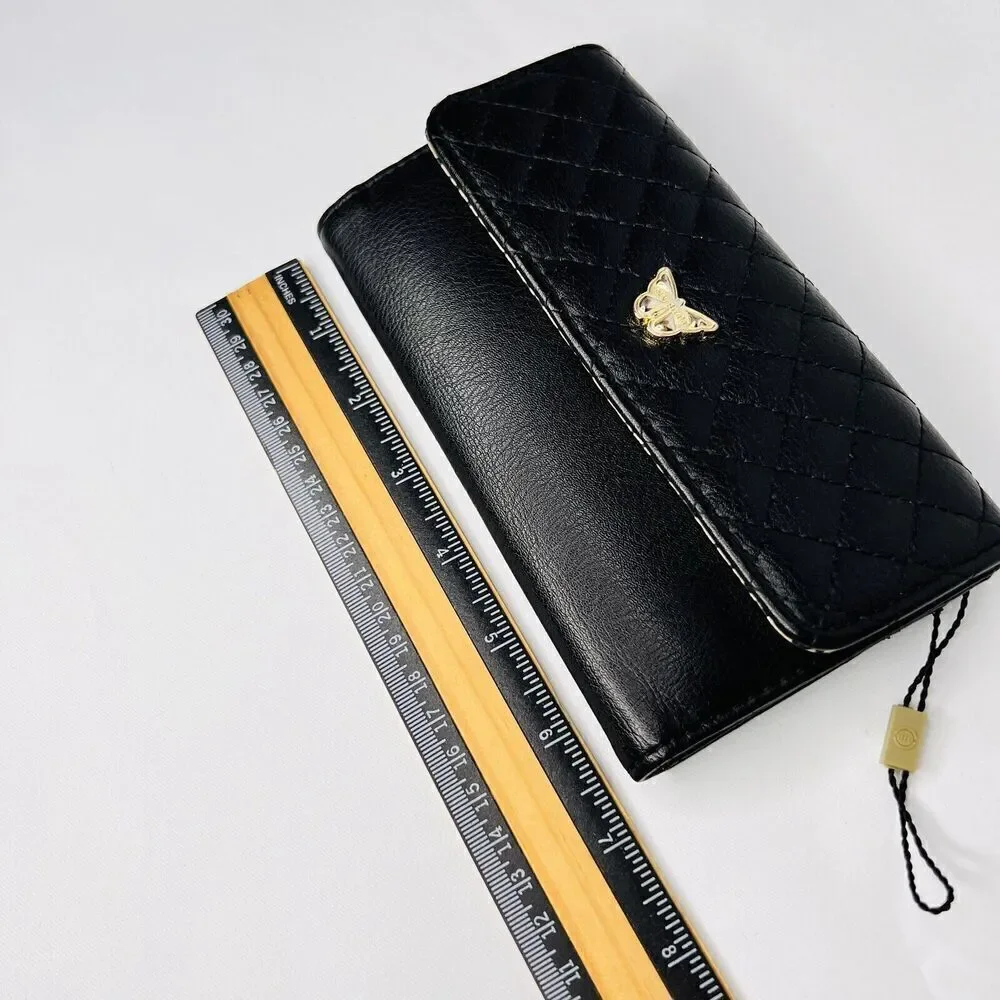 MAX STUDIO Black Gold Butterfly  Snap Trifold Wallet Quilted Design NWOT NICE B4